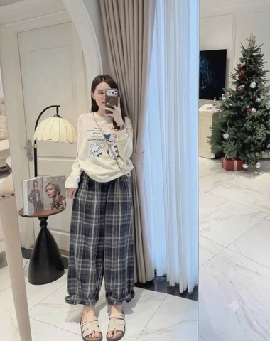 SET1080- Bộ mặc nhà áo cotton phối quần kẻ bo ống
