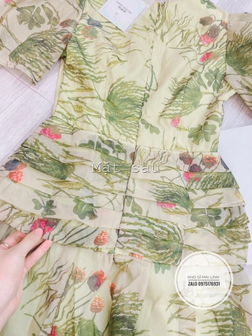 Đầm hoa xanh xếp ly thân đuôi cá vải cao cấp