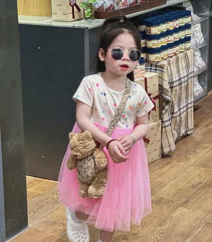 DAMKID010- Đầm tutu bồng màu hồng phối bi -đầm thiết kế