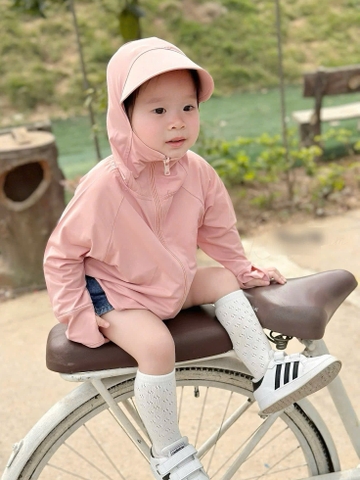 Aokid016-Áo choàng nắng trẻ em 2 màu ghi,hồng mũ to chất mát