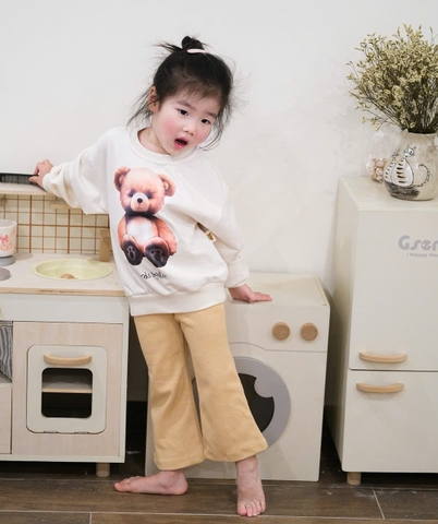 BN159-(8-26kg) Bộ nỉ thu đông bé gái gấu trắng phối quần thun nâu VNXK