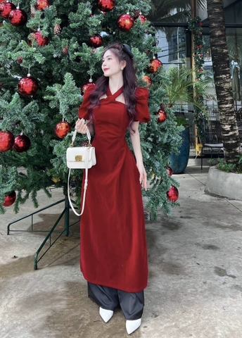 SET ÁO DÀI NHUNG CHUN CHÉO MIX QUẦN LỤA ĐEN