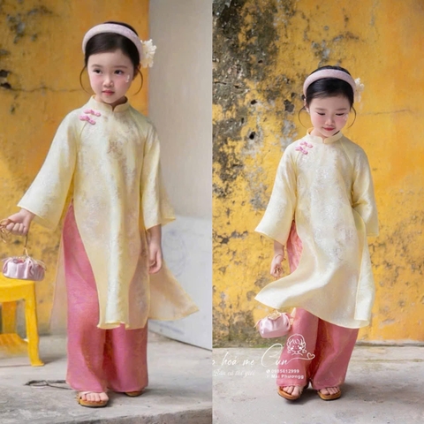 [KÈM MẤN]  Bt759- Bộ áo đai 2 tà bé gái chất lụa gấm màu vàng-xanh