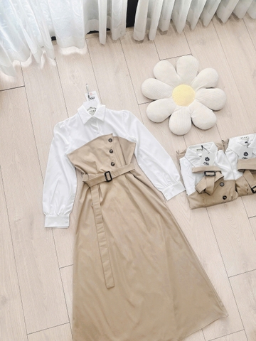 Dam126- Đầm kaki nâu phối sơ mi liền tặng kèm đai