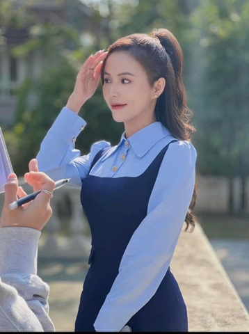 DAM134-Váy midi phối sơ mi liền cúc đồng