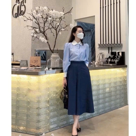 🌿 SET488-SET sơ mi cổ đức kẻ mix CV xanh than midi 🌿