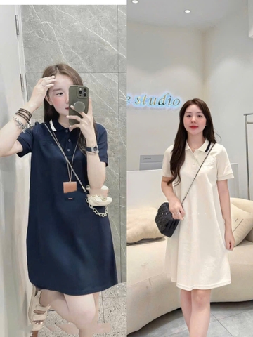🌿Dam175- Váy Polo Suông 2 Màu Basic thêu tag