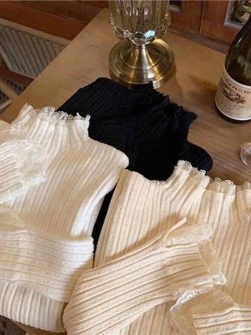 A372- Áo len lông thỏ bèo viền ren 3 màu Quảng Châu