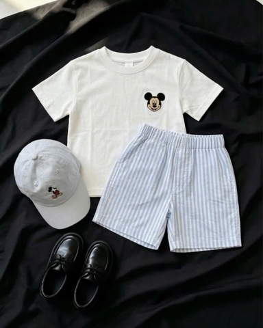 [KEM MU] BT1034- Bộ thêu Mickey trắnhg quần sọc xanh cộc