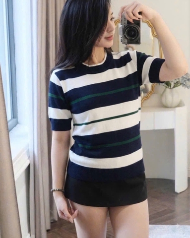 A674-Áo len cộc tay kẻ ngang xanh trắng hàng nhà máy đủ tem