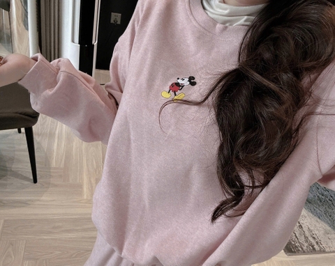 SET811- Bộ mặc nhà áo nỉ díp lông màu hồng phối quần suông