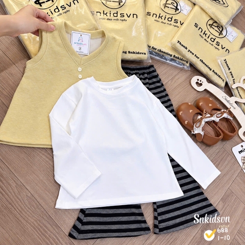 damgai23-set 3 món áo giLe vàng phối quần kẻ loe kèm áo thun trắng cho bé gái 12-33kg)