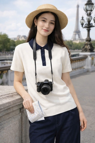 A514-Áo len cộc tay dệt kim 2 màu đen và xanh than