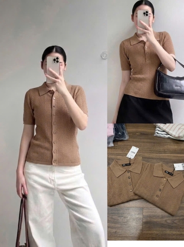 A600-Áo len nâu ZARRA full tem dáng len lỗ trám