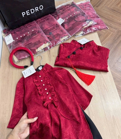 SETKID059- Set áo dài trai/gái đỏ quần lụa đen