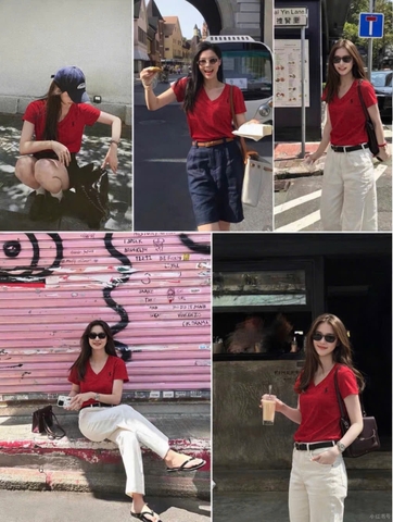 A513-Áo thun đỏ cộc tay cổ V thêu ngựa