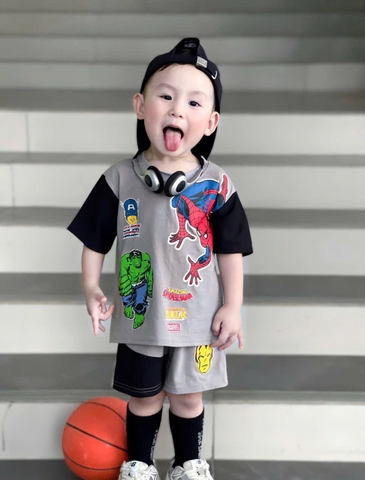 BT550-Bộ thun cộc bé trai Siêu nhân xám đen