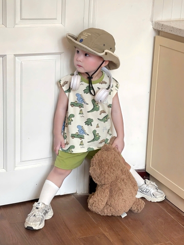 bT600- Bộ KL xanh lá chất cotton viền hoạ tiết in