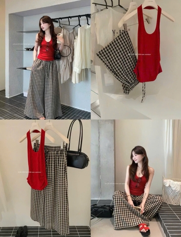 Set1037-Set áo dây đỏ phối quần kẻ suông