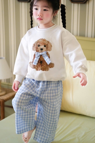 BN159-Bộ nỉ GẤU KẺ XANH bé gái VNXK