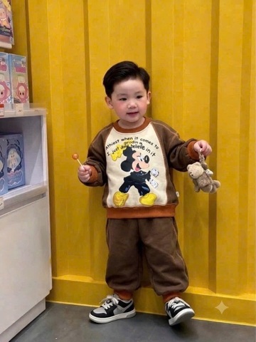 BT1095- Bộ nỉ hai da phối nâu viền chỉ minibebe