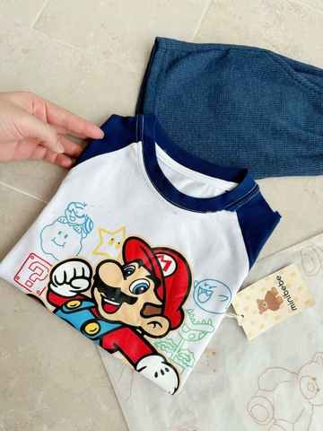 BT525- Bộ ao cotton trắng phối Mario mix quần cua tăm bé trai