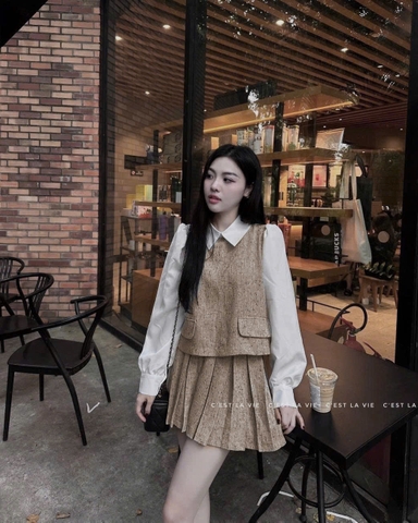 SET361- Set áo somi phối dạ và chân váy xếp ly nâu xám