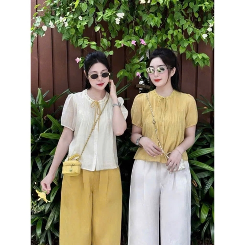 Set661- SET BỘ ÁO TƠ LI PHỐI CỔ REN HAI LỚP MIX QUẦN  BAGGY LI