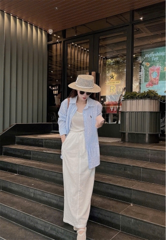 SET655-TẶNG ÁO THUN SÁT NÁCH-Set sơ mi kẻ xanh phối chân váy midi trắng 2 lớp