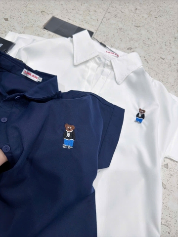 A255-Áo  sơmi nữ tay hến thêu gấu 2 màu xanh trắng