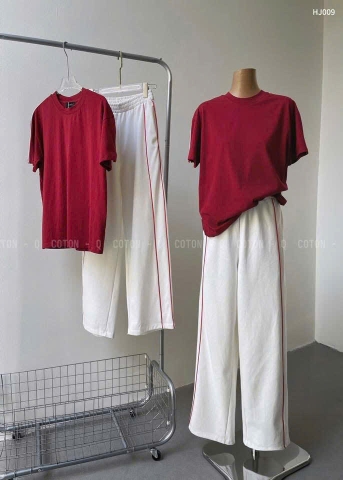 Set704-Set áo thun đỏ suông phối quần dài ống rộng