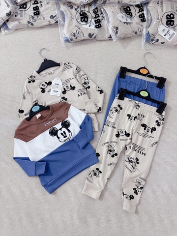CB178- Combo 2 bộ thun dài tay bé trai Mickey kẻ ngang xanh nâu VNXK