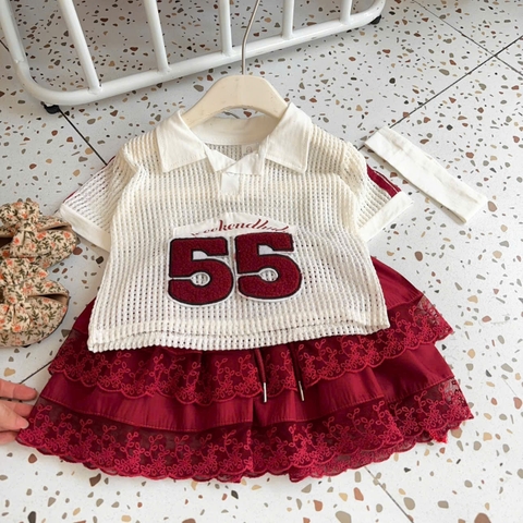 BT820-Bộ áo lưới 55 mix kèm CV ren đỏ xòe bồng