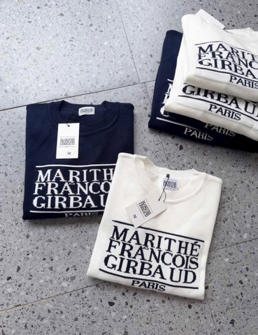 A458- Áo len cổ tròn in chữ xanh-trắng full tem