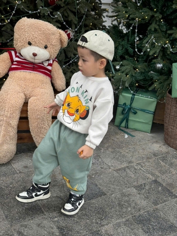 BN217-Bộ SIMBA nỉ bông trắng xanh bé trai VNXK