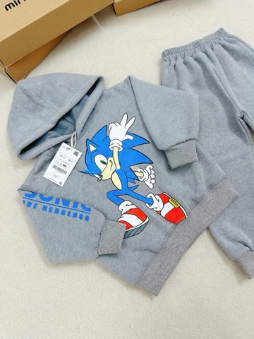 BN182 (9-26kg) Bộ nỉ thu đông dài tay bé trai Sonic màu xám có mũ VNXK