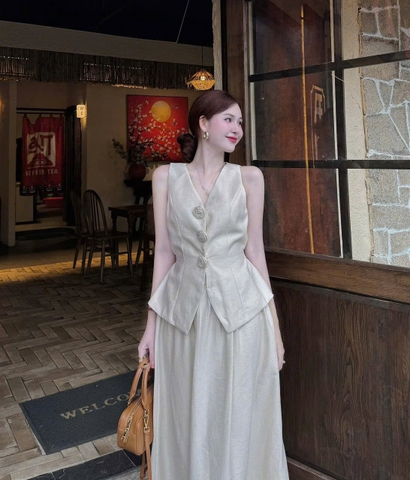 Set633- Set váy lien màu be CV xoè mix áo hoa