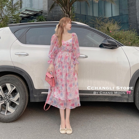 Đầm voan hoa tơ 2 lớp chéo ngực 2 màu xanh, hồng