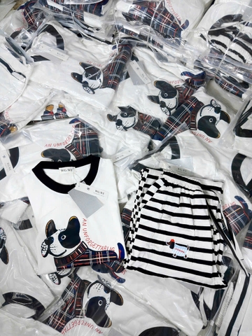 SET472-Bộ áo cotton CÚN in lụa mix quần kẻ suông dài 100cm