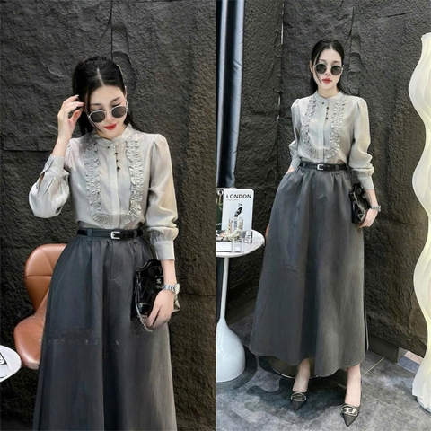 A136-Áo sơ mi nữ voan tơ bèo cổ 2 màu xanh xám