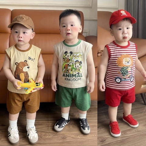 BT989- Combo 3 bộ cotton balo ĐỎ -NÂU- XANH trẻ em