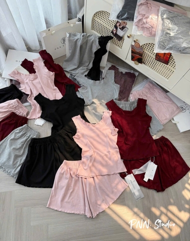 SET921- Set mặc nhà áo sát nách phối quần short 4 màu vải cotton mát