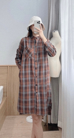 Đầm kẻ suông 3 màu cổ tàu