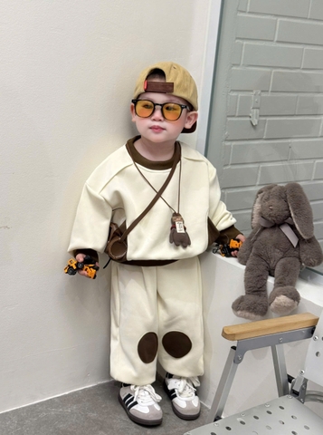 BT658- Bộ nỉ haida dài tay thu đông bé trai phối màu nâu trắng