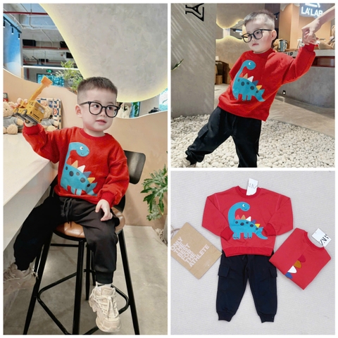 Bn133- (9-26kg) Bộ nỉ dài tay bé trai khủng long đỏ vây lưng VNXK