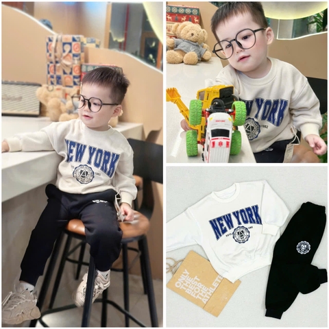 BN145-(8-27kg) Bộ thu đông bé trai dài tay nỉ da cá NY trắng đen VNXK