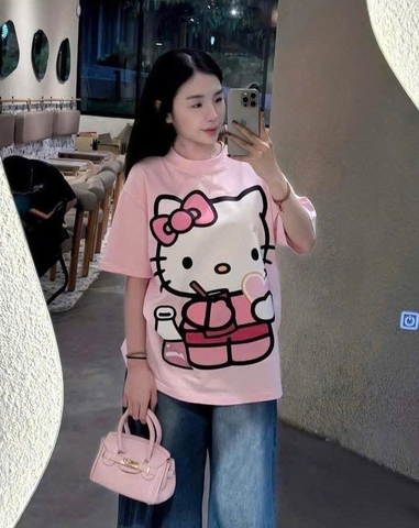 A266- Áo phông dáng rộng Hello kitty màu hồng in pet cao cấp
