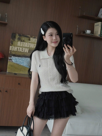 A377-Áo len cộc tay Quảng Châu cổ bẻ thêu ngực 5 màu trơn