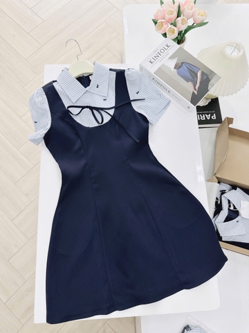 Dam174- Váy xoè ngắn đen phối tay sơ mi kẻ đính nơ