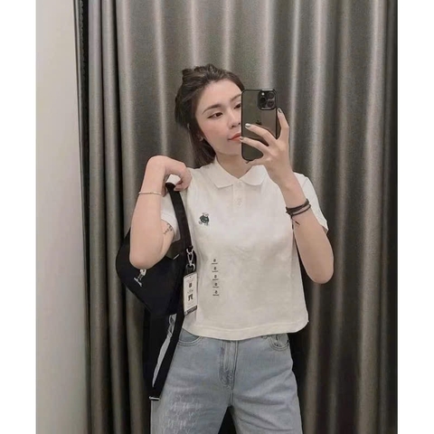 A574-Áo polo trắng thêu gấu hàng nhà máy đủ tem
